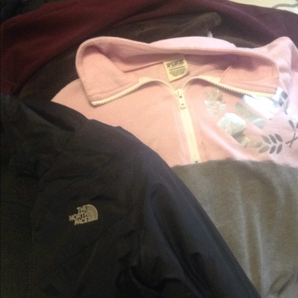 North face jacket, pink sweater